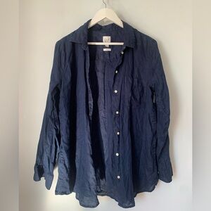 100% Linen Women Dark Navy Button-Front Shirt